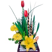 Este arreglo de flores contiene una hermosa selección de Tulipanes, Rosas, Gerberas, Lilis, Iris y verdes adicionales. En una base de cerámica aproximada de 40 cm