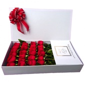 Caja blanca con 24 Rosas de Invernadero delicadamente acomodadas en un fino estuche
