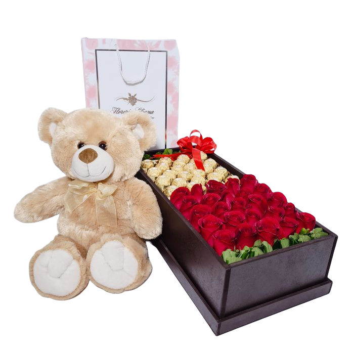 Elegante Arreglo floral compuesto por 24 piezas de Rosas rojas de invernadero y 24 piezas de chocolate fino Ferrero Rocher acompañados de un oso de peluche de 40 cm de altura.