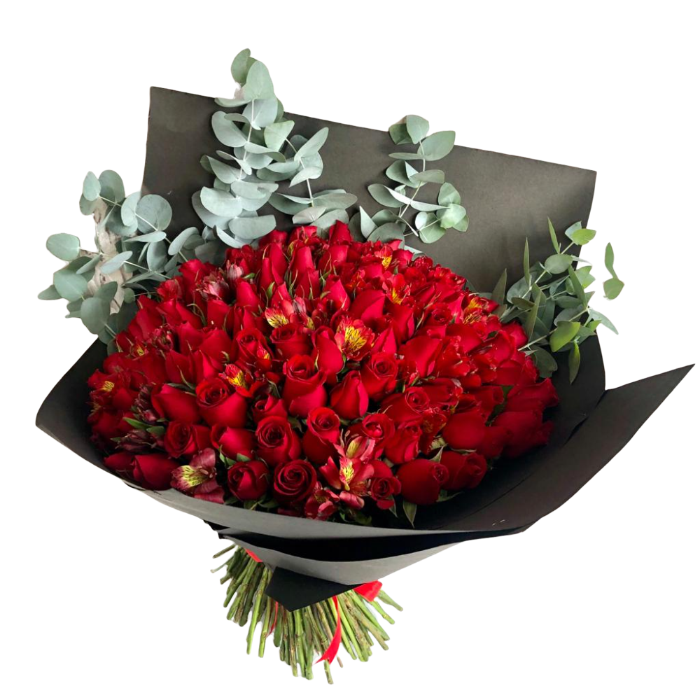 Ramo de rosas rojas frescas de 100 piezas y cuenta con follaje fino que le da un toque de elegancia envuelto papel negro y adornado con un moño. Enviar flores a domicilio es muy fácil.