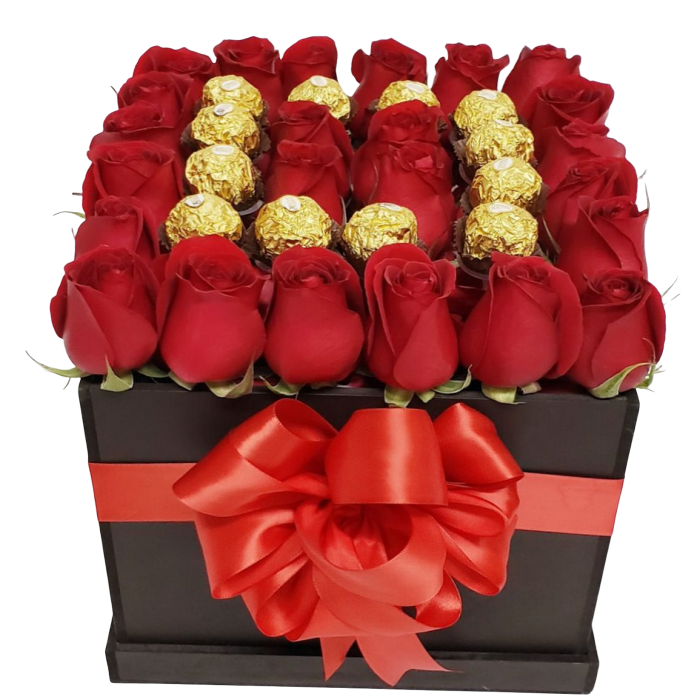 Bella Caja compuesto por 24 Rosas de invernadero todas a una misma altura atadas con un moño de tela en una base cuadrada de madera y 12 Chocolates Ferrero Rocher. Med 25 x 25 cm.