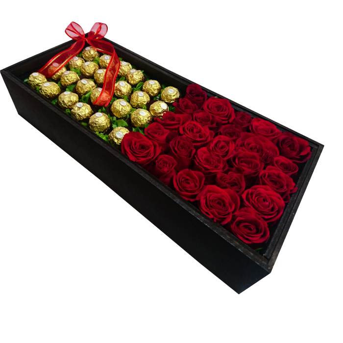 Elegante 24 Rosas Premium de invernadero y 24 chocolates finos Ferrero Rocher colocadas en una elegante caja de 40 x 20 cm