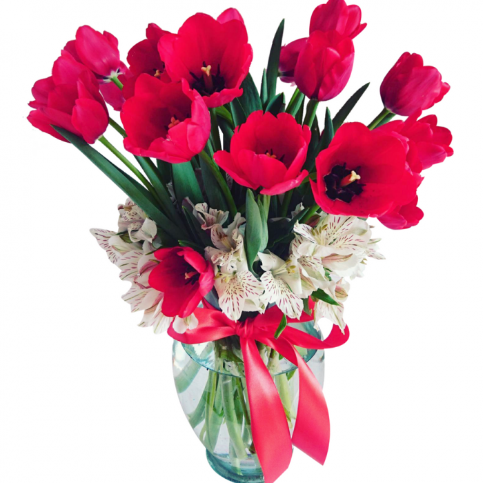 Hermoso florero de 10 tulipanes rojos con fino follaje