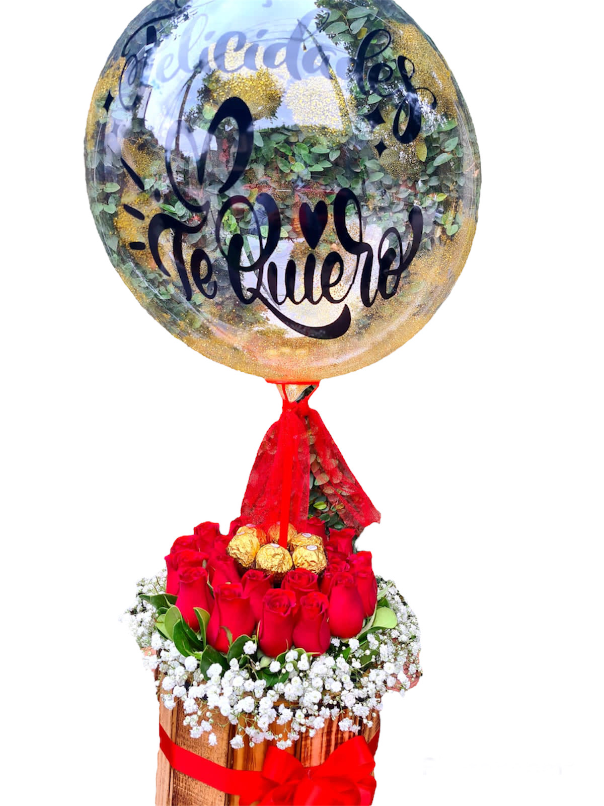 Arreglo floral de 18 rosas rojas, 8 chocolates en caja de madera y globo mediano de Felicidades Te Quiero